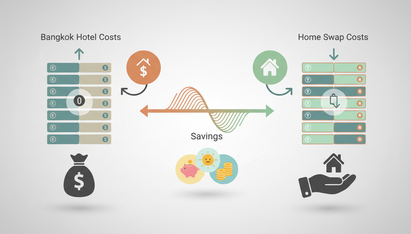 Comparison infographic showing Bangkok hotel costs 80-150night vs home swap costs 1 creditnight, 0 b