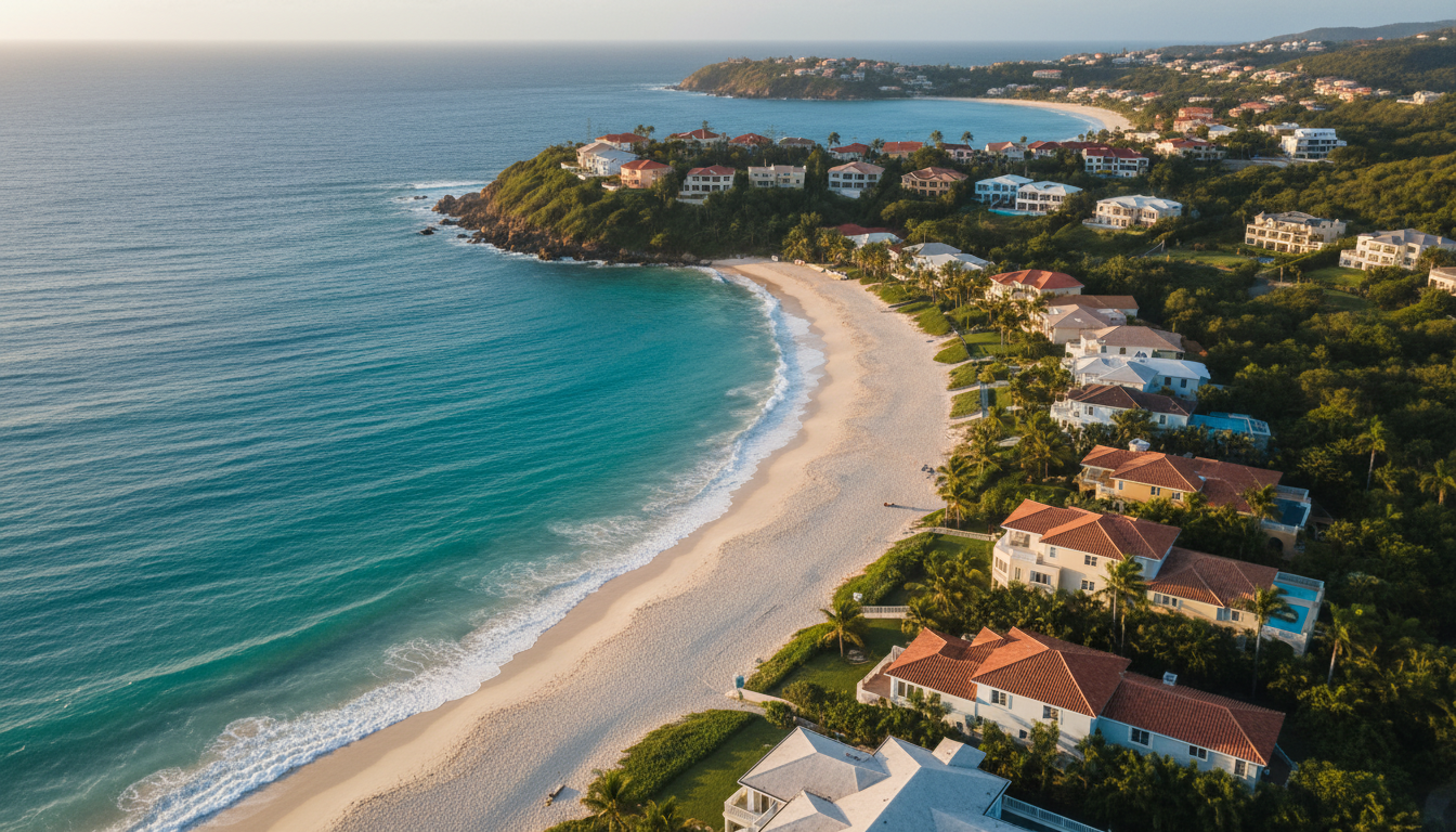aerial view of a turquoise coastline with white sand beach and scattered colorful homes nestled into