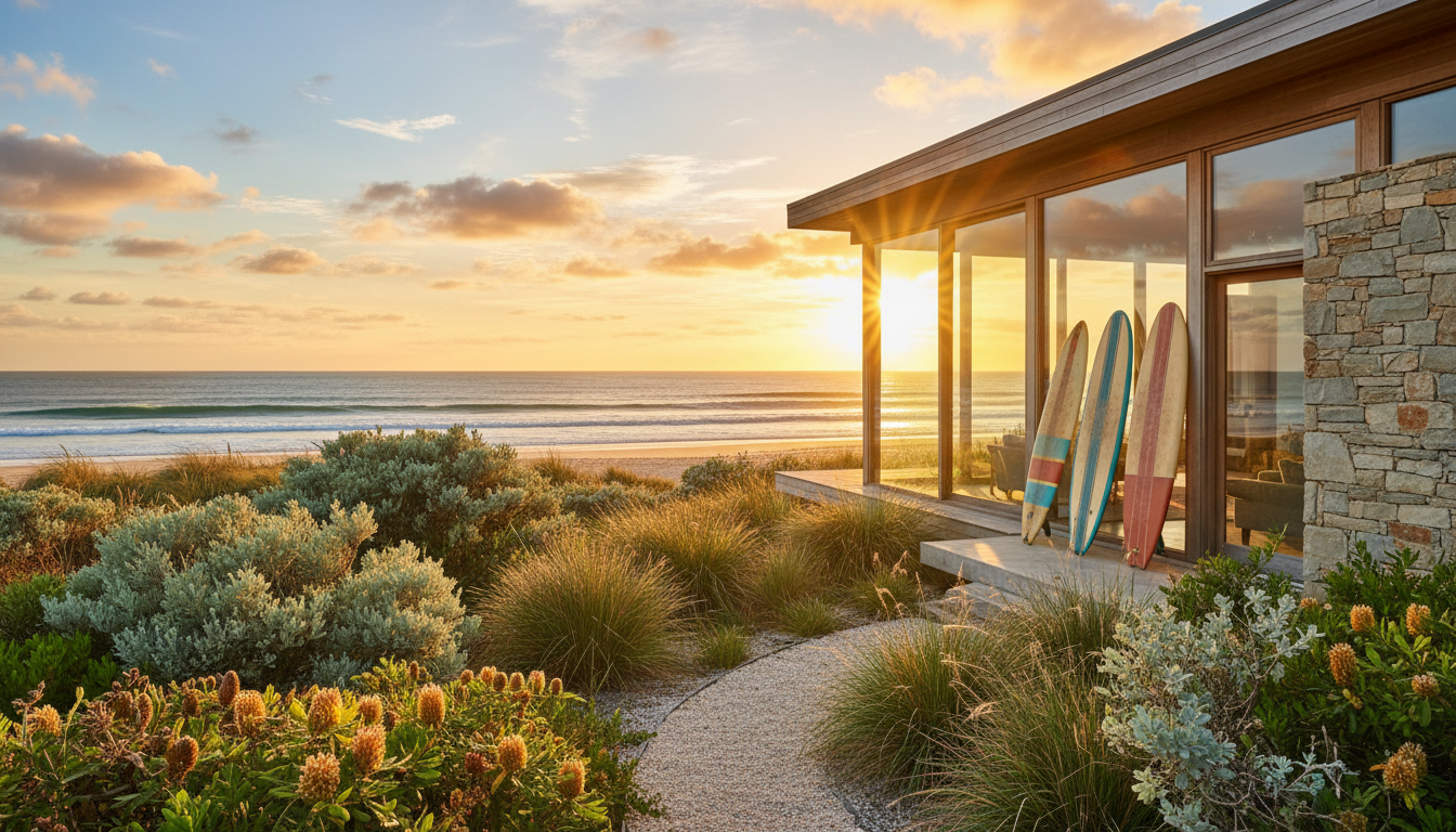 modern Australian beach house with floor-to-ceiling windows, surfboards leaning against exterior wal