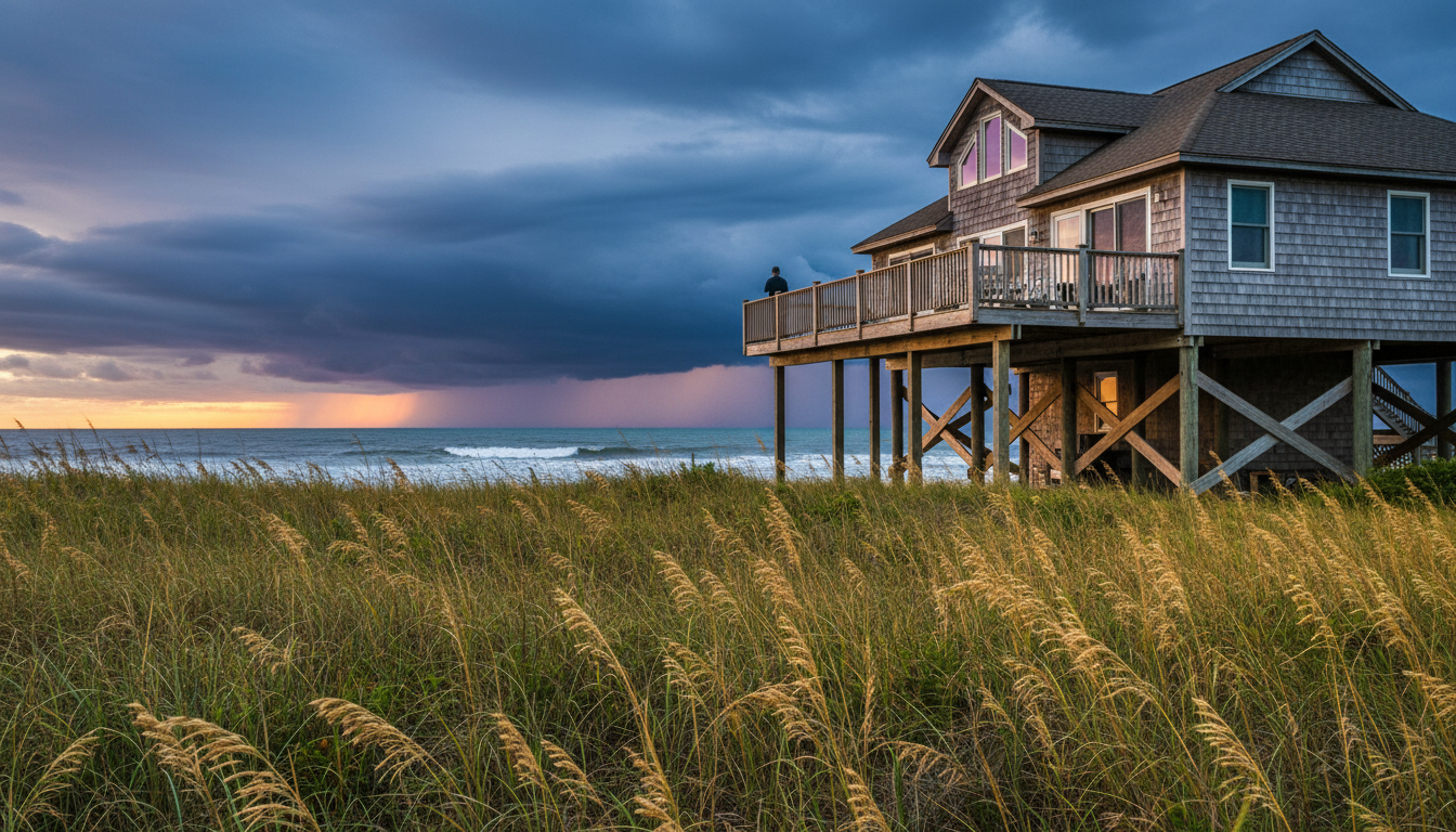 classic Outer Banks beach house on stilts with wraparound deck, sea oats in foreground, dramatic sto