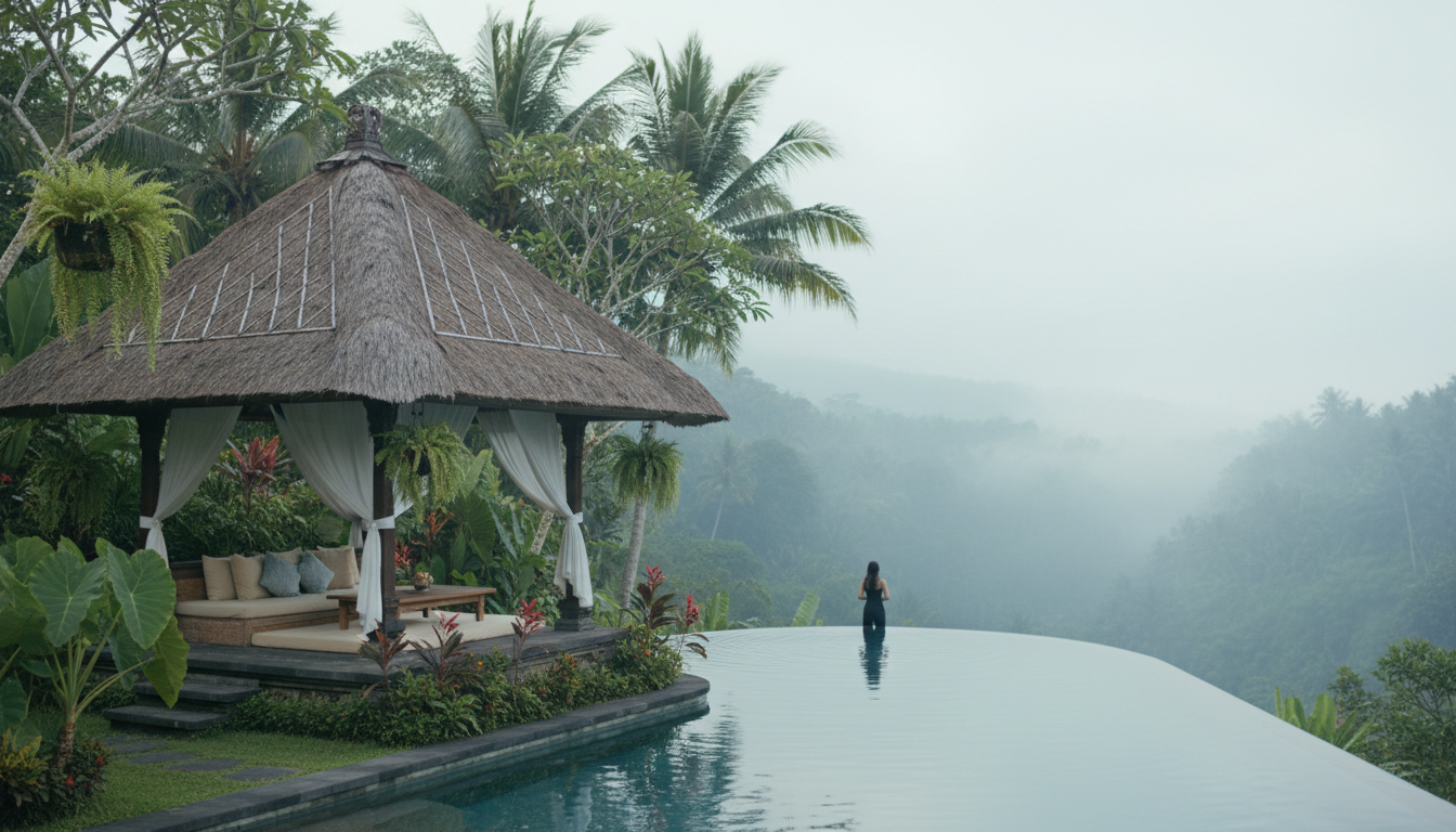 traditional Balinese pavilion with thatched roof surrounded by tropical gardens, infinity pool overl