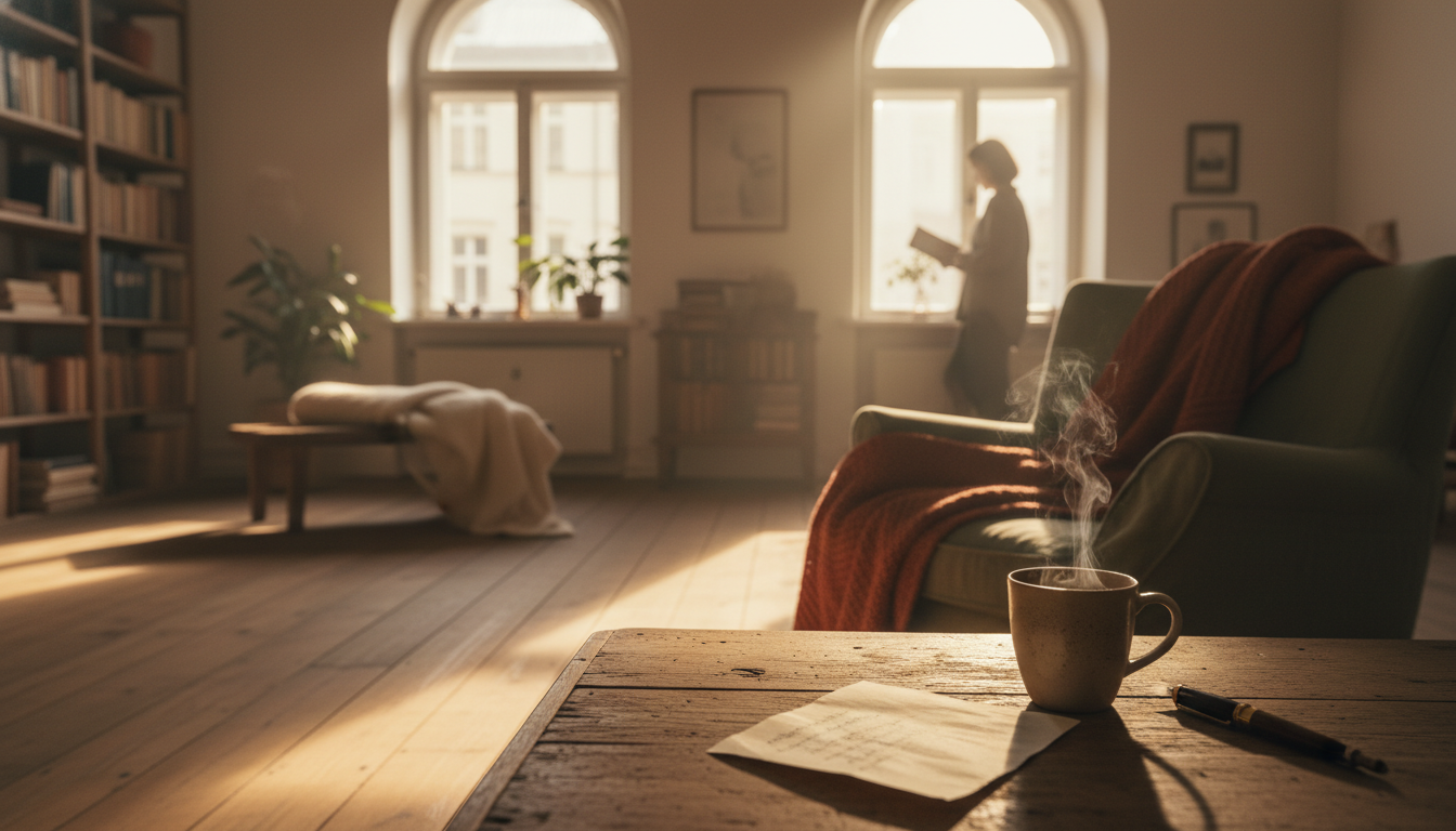 Morning light streaming through tall windows of a classic Berlin Altbau apartment, wooden floors, a