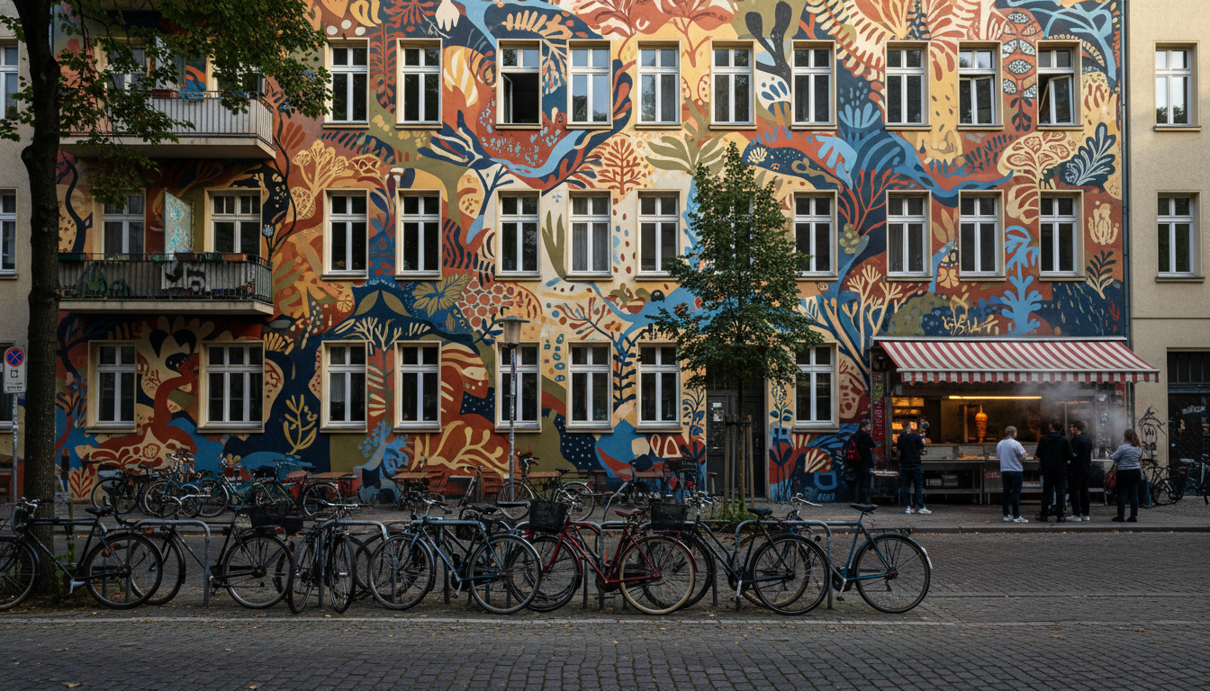 Colorful street art covering an entire building facade in Kreuzberg, bicycles parked along the cobbl