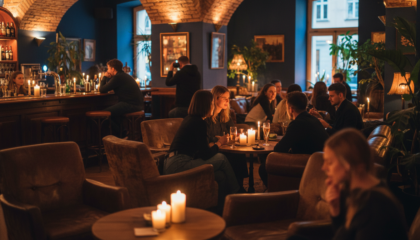 A cozy bar interior in Neuklln with mismatched furniture, candles on tables, and a diverse crowd of