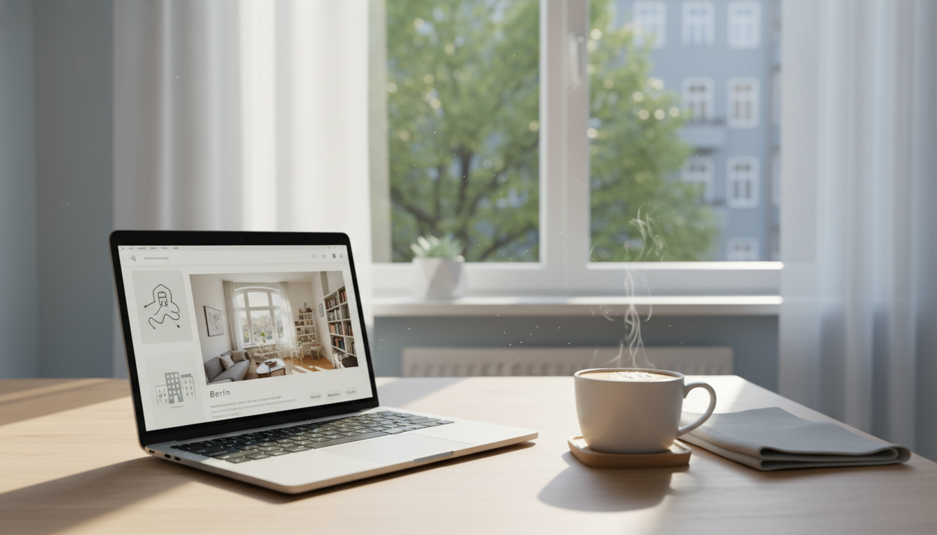 A laptop open on a kitchen table showing a home swap listing, a cup of coffee beside it, morning lig