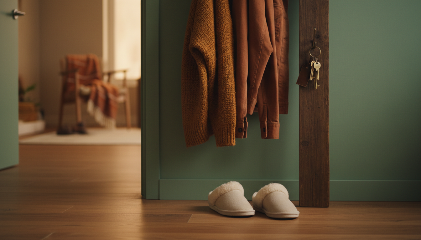 A pair of cozy slippers by an apartment door, a coat rack with jackets, keys hanging on a hook