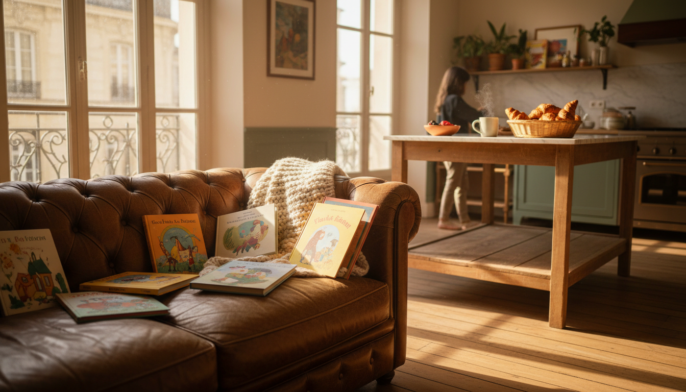 Morning light streaming through tall French windows in a Chartrons apartment, with childrens books s
