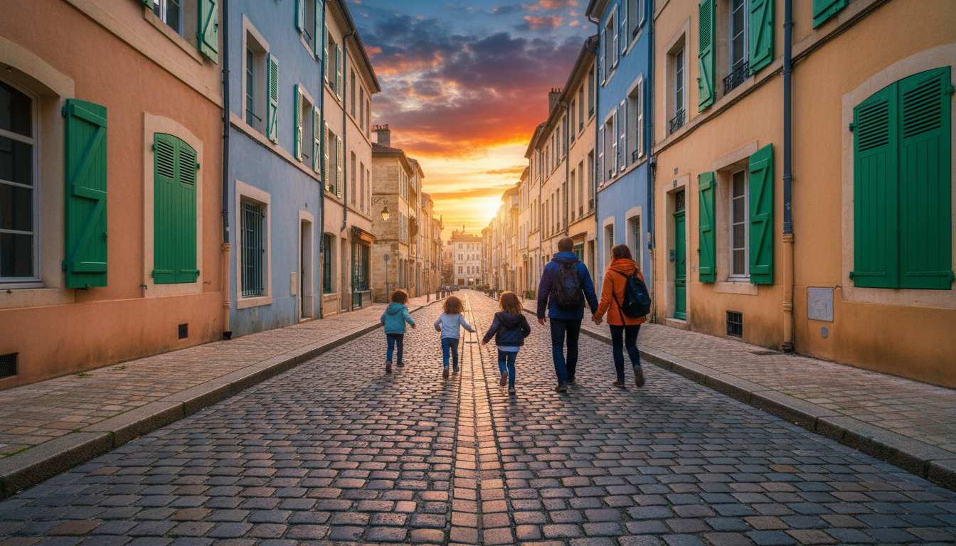 A family walking down a quiet cobblestone street in Bordeauxs Saint-Pierre district, past pastel-col