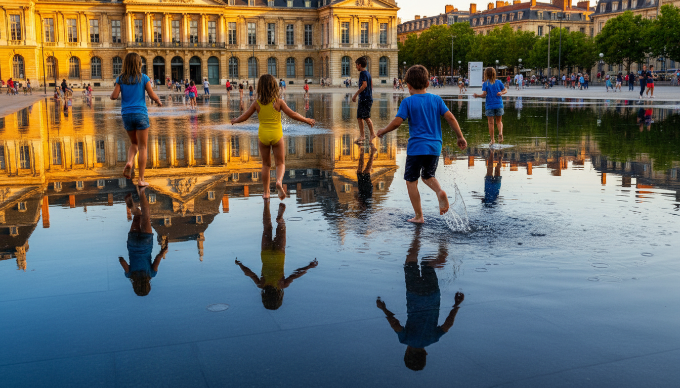 Children playing in the shallow waters of the Miroir dEau at Place de la Bourse, with the stunning 1
