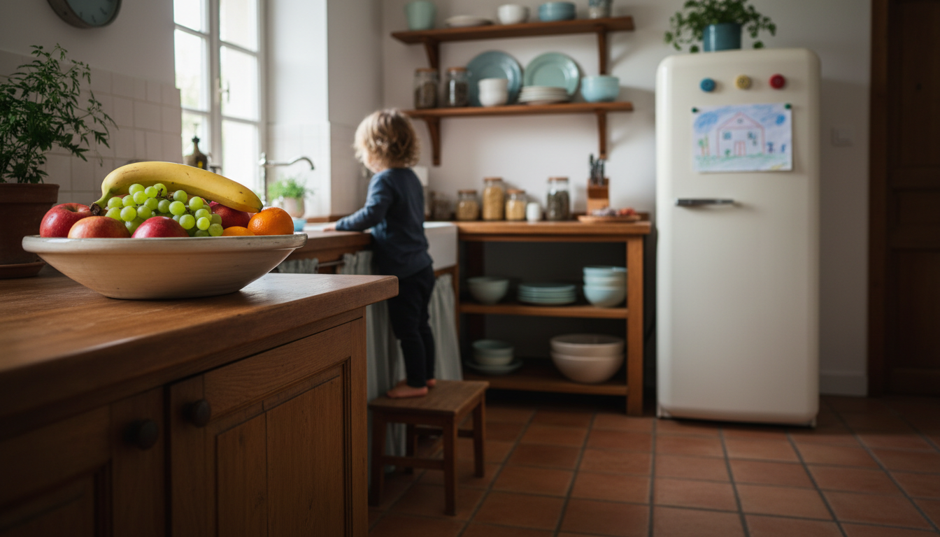 A cozy French kitchen with terracotta tiles, wooden counters, a bowl of fresh fruit, and a childs dr