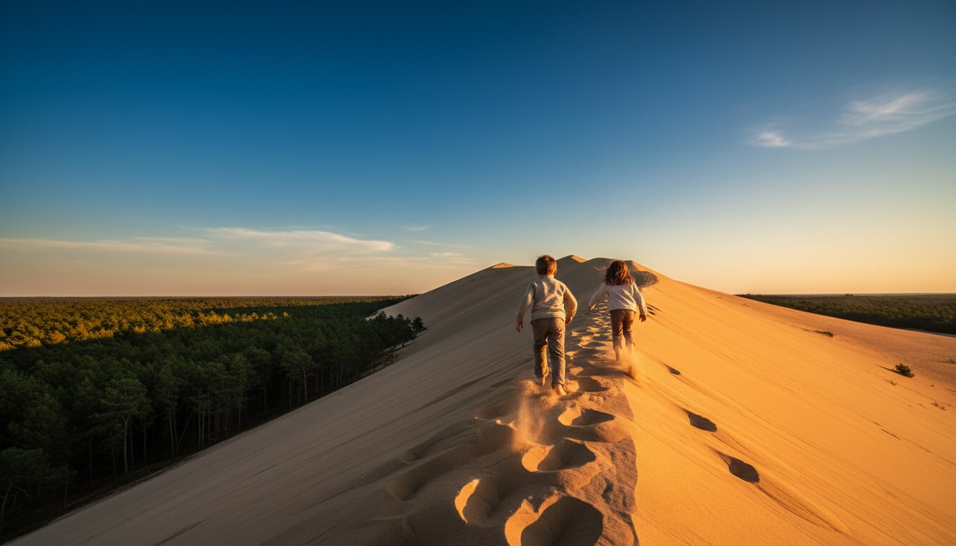 Two children climbing the Dune of Pilat, golden sand stretching upward against a bright blue sky, pi