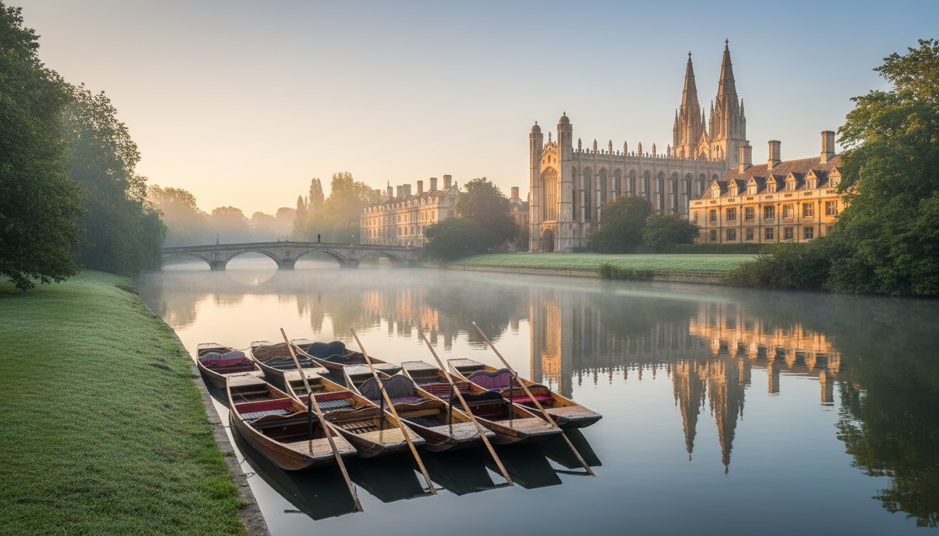 Early morning view of the River Cam with punts moored along the bank, historic college buildings eme