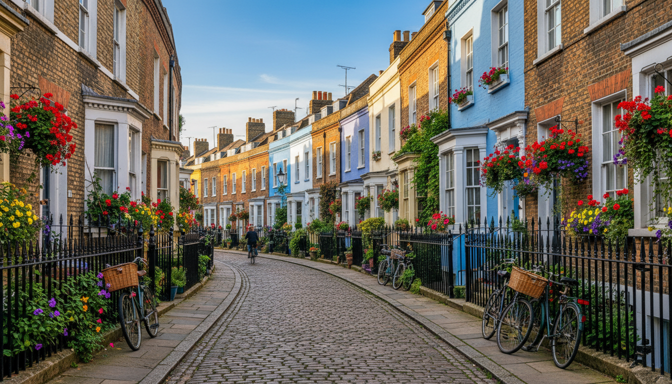 Narrow cobblestone street in central Cambridge with colorful Victorian terraced houses, bicycles lea