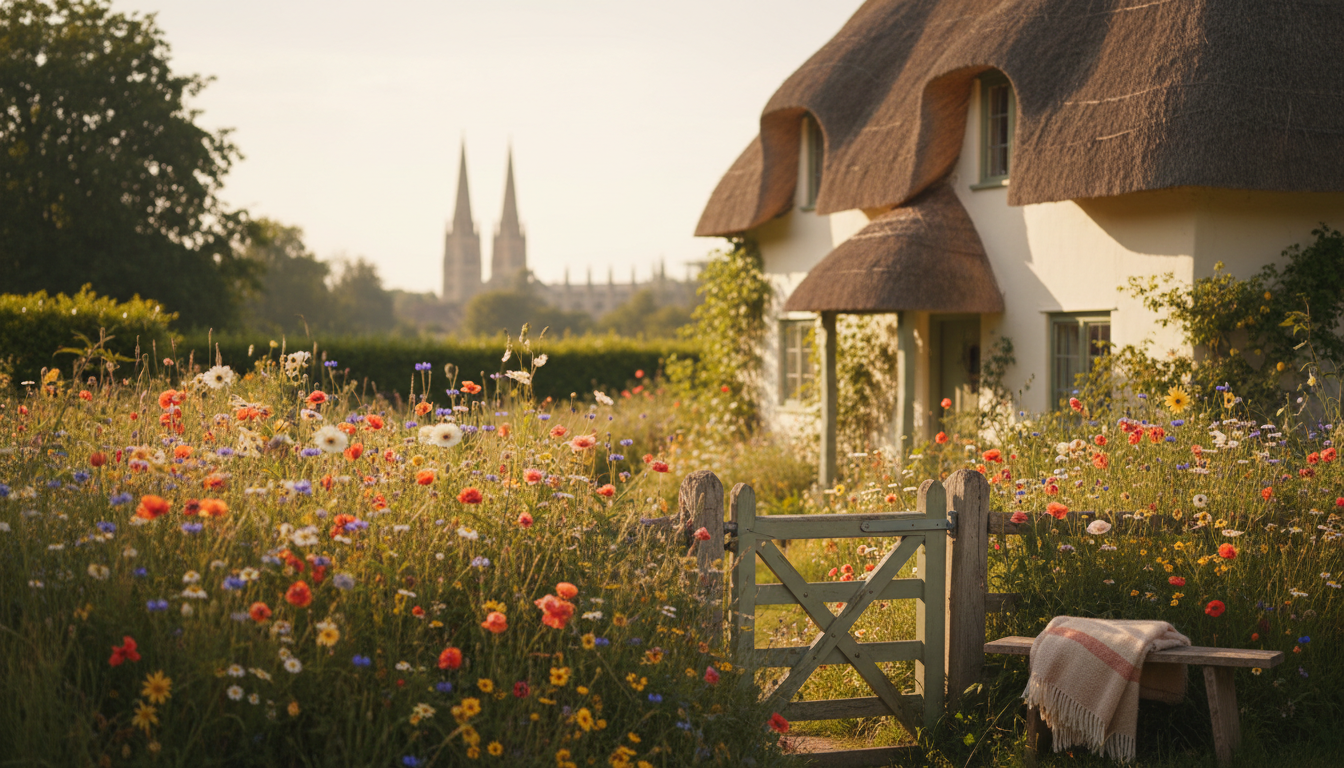 Traditional English thatched cottage in Grantchester with a wildflower garden, wooden gate, and a gl
