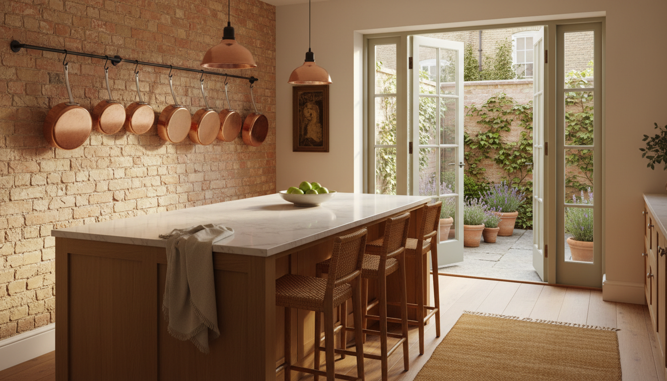 Bright, modern kitchen in a Cambridge terrace house with exposed brick wall, copper pots hanging, vi