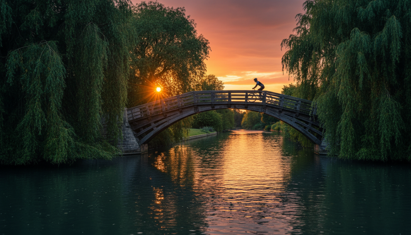 Cyclist crossing the Mathematical Bridge at Queens College at sunset, golden light reflecting on the