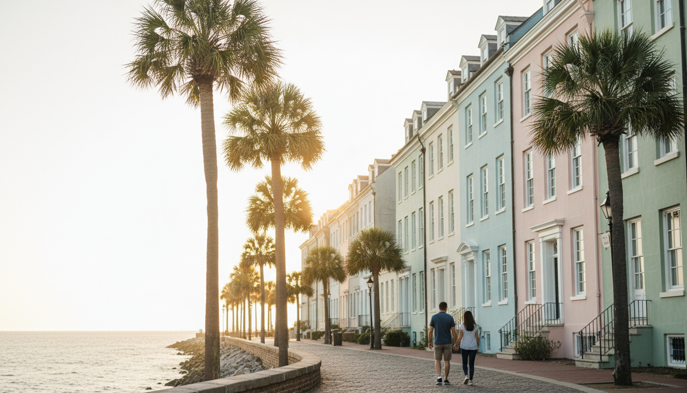 golden hour view of Rainbow Rows pastel Georgian houses from the Battery waterfront, a couple walkin