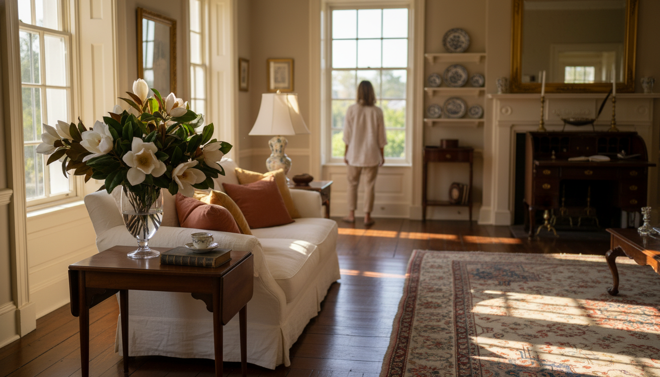 interior of a historic Charleston single house with floor-to-ceiling windows, antique furniture, aft