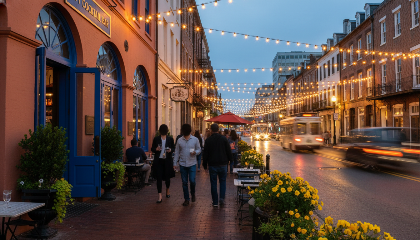 lively evening scene on Upper King Street with string lights, people walking between restaurants, a