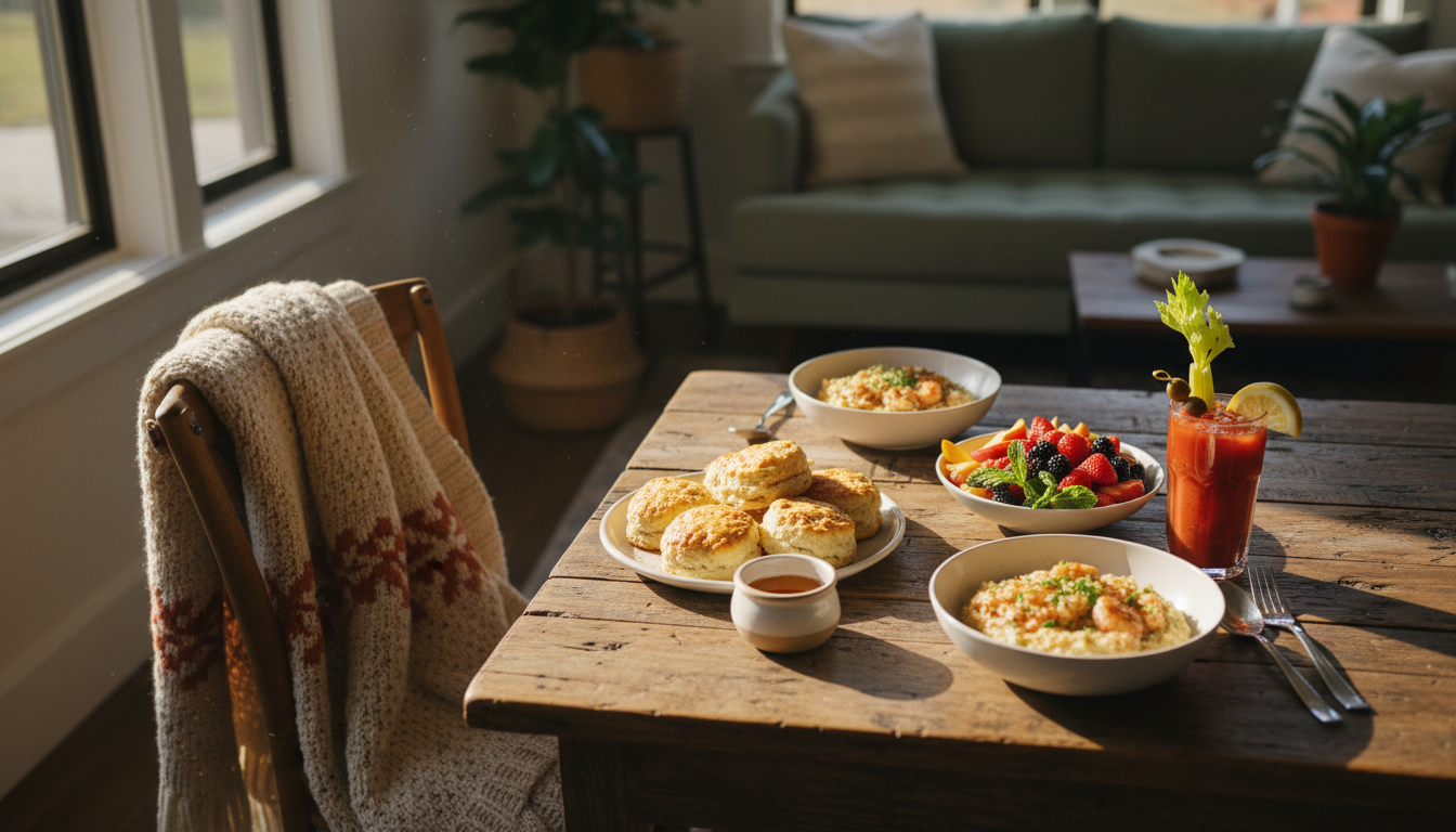 overhead shot of a Southern brunch spread on a rustic wooden tablebiscuits with honey, shrimp and gr