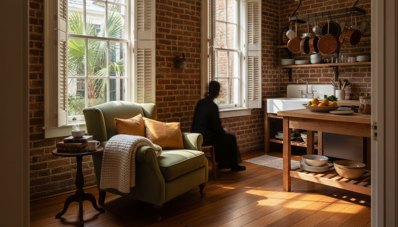 cozy Charleston carriage house interior with exposed brick, a comfortable reading nook by the window