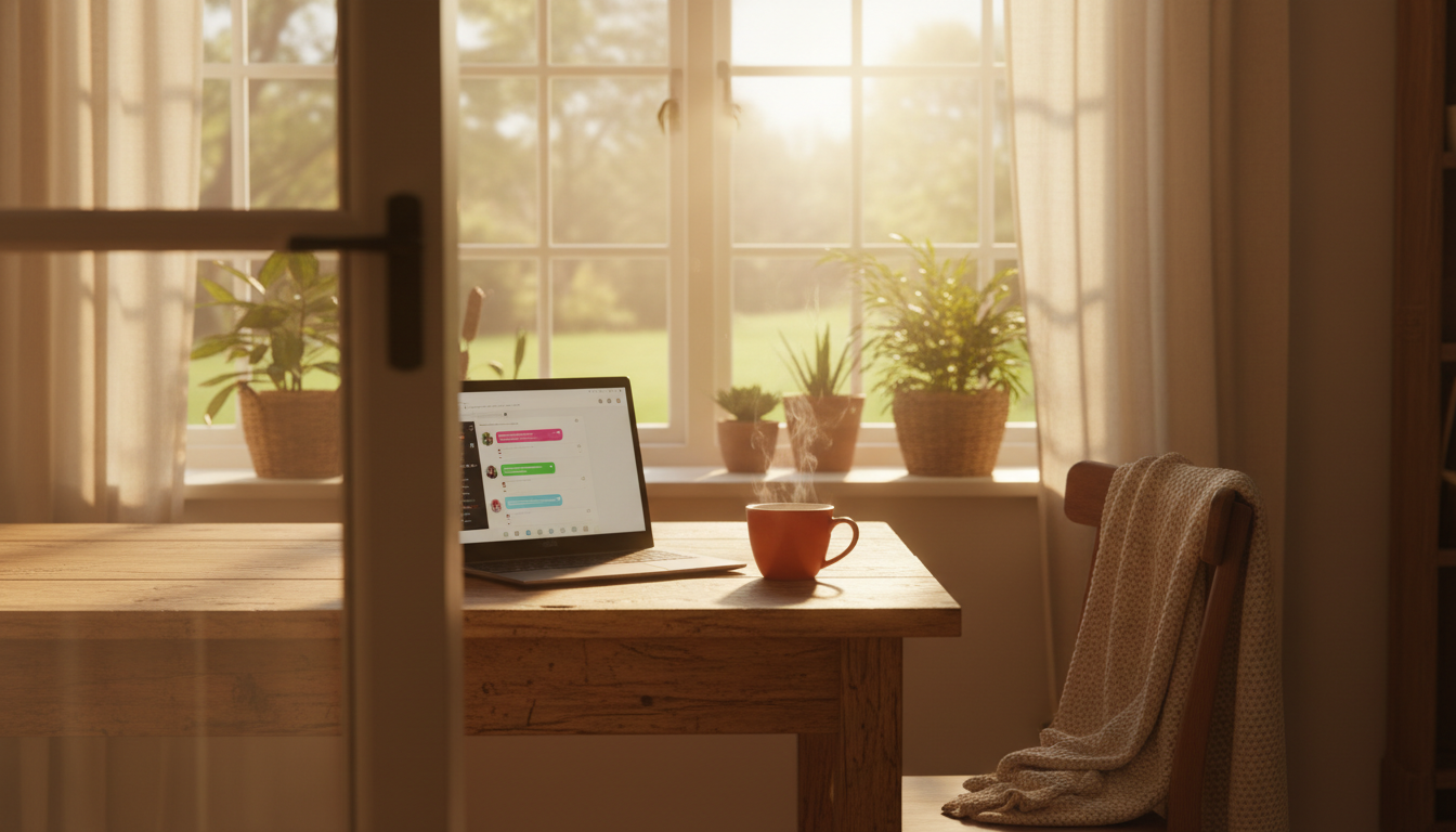 laptop open on a sunny kitchen table with a coffee cup, showing a messaging interface, morning light