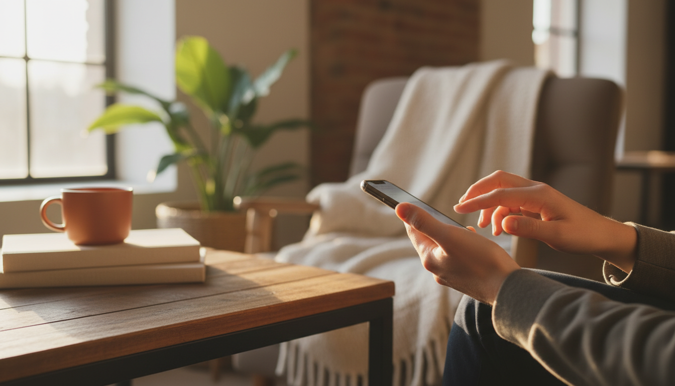 close-up of hands typing on a phone, casual setting like a caf or living room, warm afternoon lighti