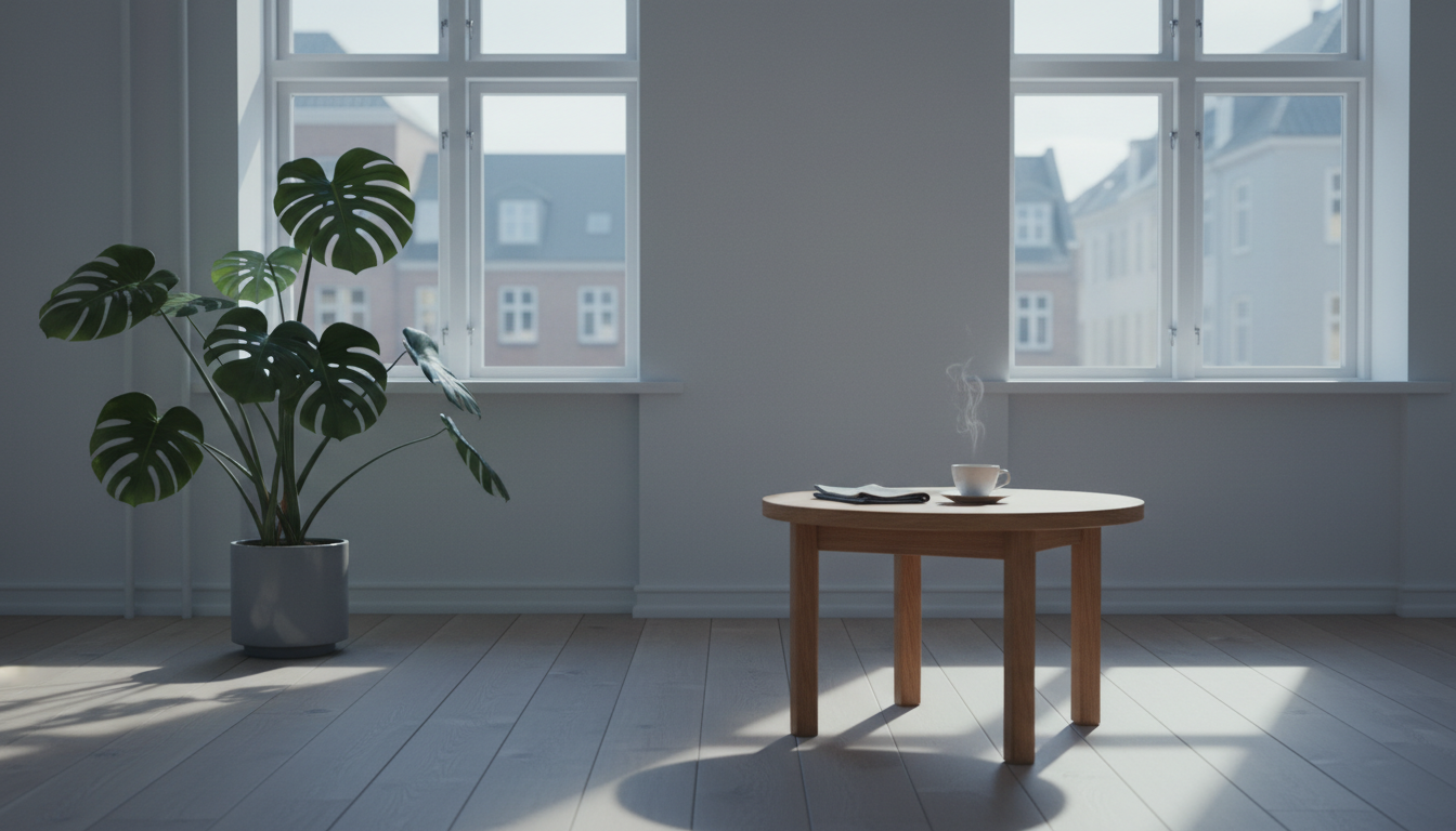 Morning light streaming through tall windows of a minimalist Scandinavian apartment in Copenhagen, w
