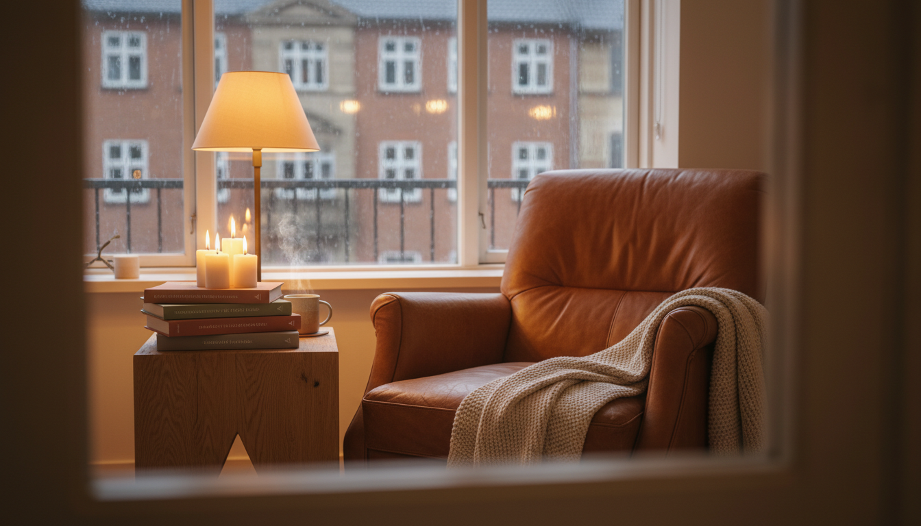 Cozy living room corner with lit candles, a worn leather chair, stack of Danish design books, rain v