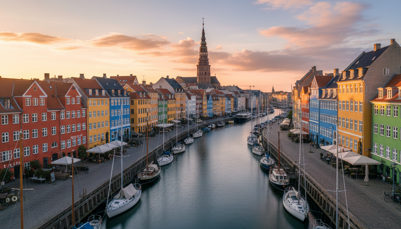 Aerial view of Christianshavns colorful canal houses at golden hour, boats moored along the waterway