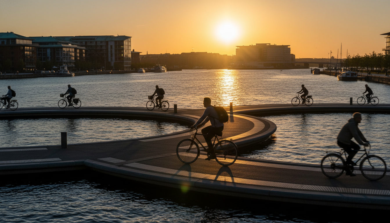 Person cycling across Cirkelbroen bridge at sunset, Copenhagen harbor in background, golden light re