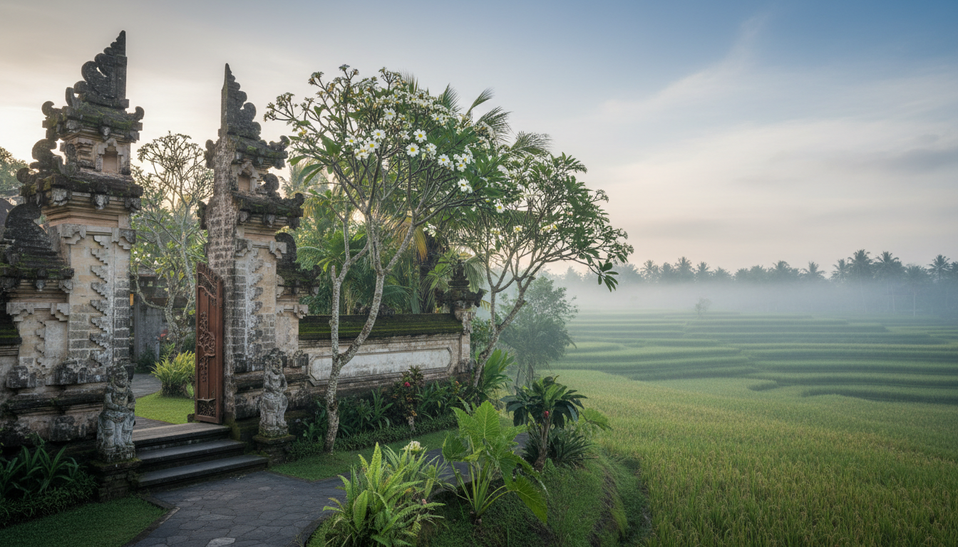 Traditional Balinese compound home in Ubud with carved stone entrance gate, tropical garden with fra
