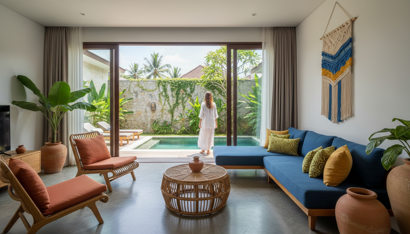 Modern Canggu villa interior with open-plan living space, concrete floors, rattan furniture, and lar