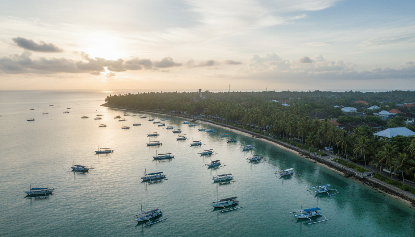 Aerial view of Sanur beachfront at sunrise showing traditional jukung fishing boats on calm water, w