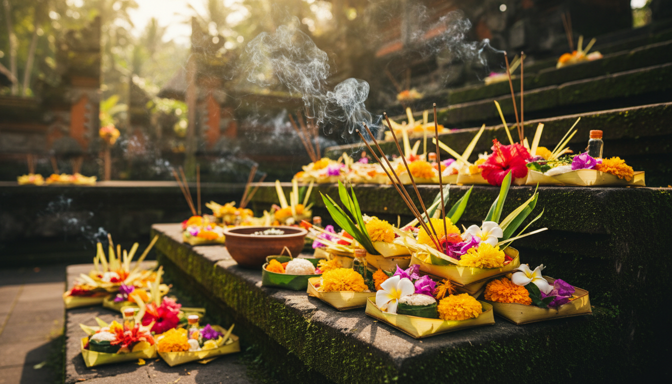 Balinese temple ceremony offerings canang sari arranged on stone steps with incense smoke, colorful