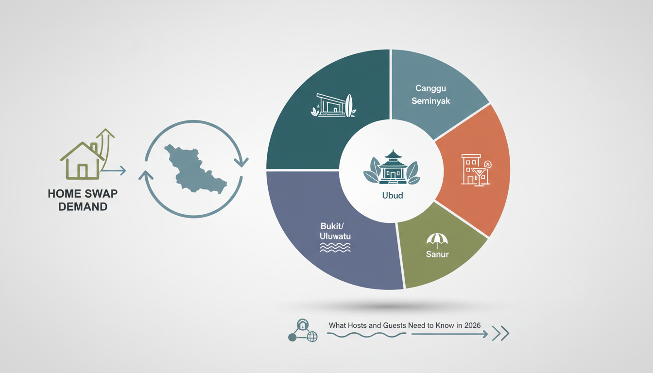 Infographic showing Bali home swap demand by region - pie chart with Canggu 40, Ubud 25, Seminyak 15
