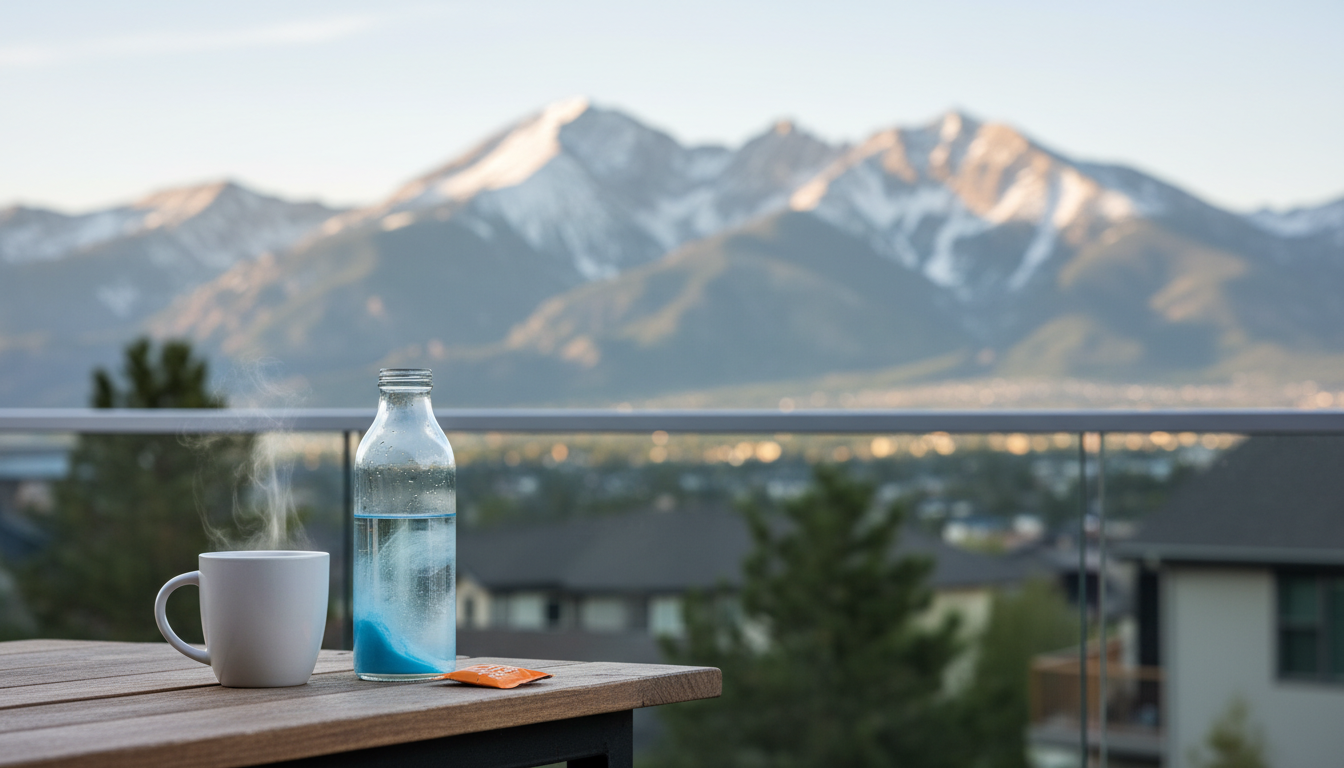 A morning scene on a Denver homes patio, showing coffee, a water bottle with electrolyte packet, and