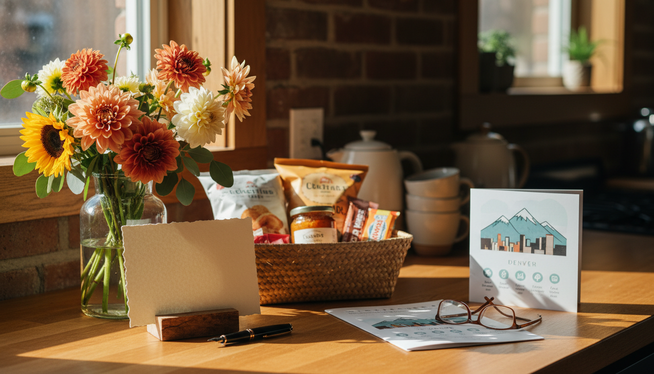 A thoughtfully prepared guest welcome setup fresh flowers, a handwritten note, local snacks, and a p