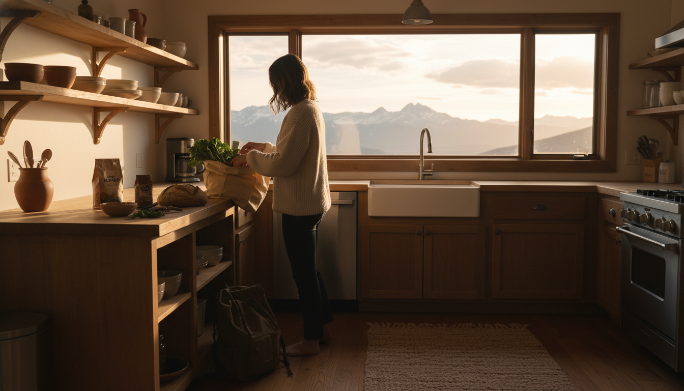 A traveler settling into a Denver home exchange, unpacking groceries in a sunny kitchen with mountai