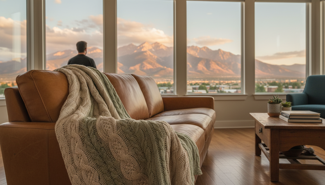 View from a cozy Denver home exchange living room with large windows showing the Front Range mountai