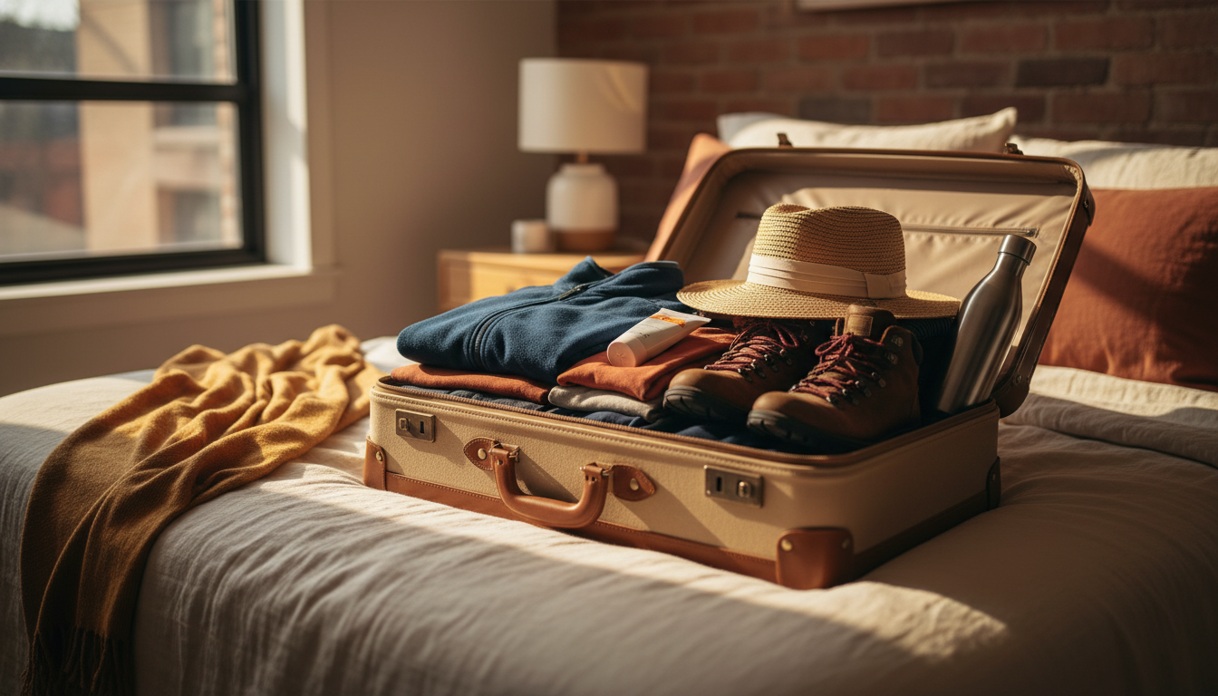 A packed suitcase open on a bed with layers of clothing visiblefleece jacket, hiking boots, sunscree