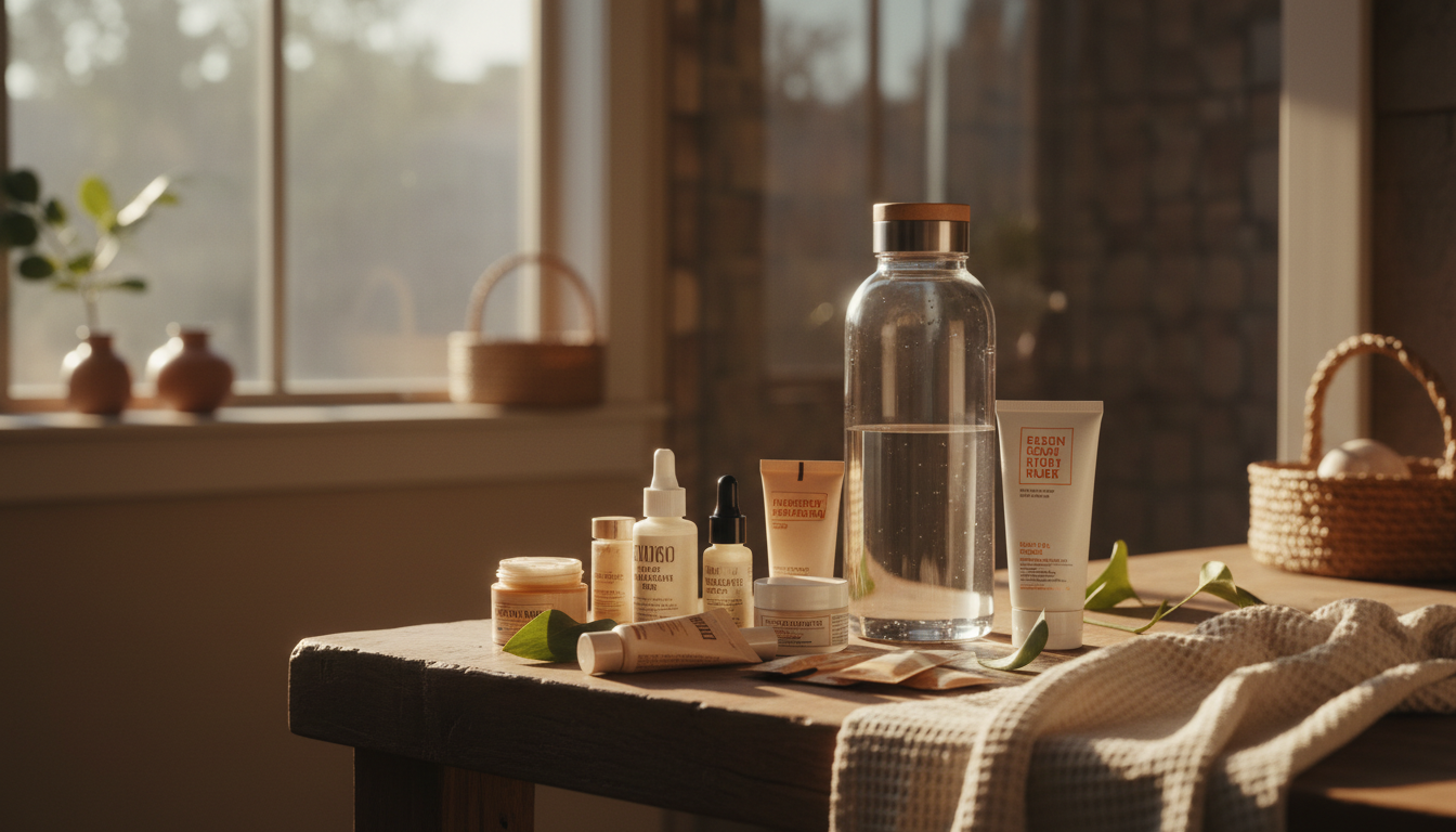 A bathroom counter in a bright Denver home showing travel-size skincare products, a large water bott