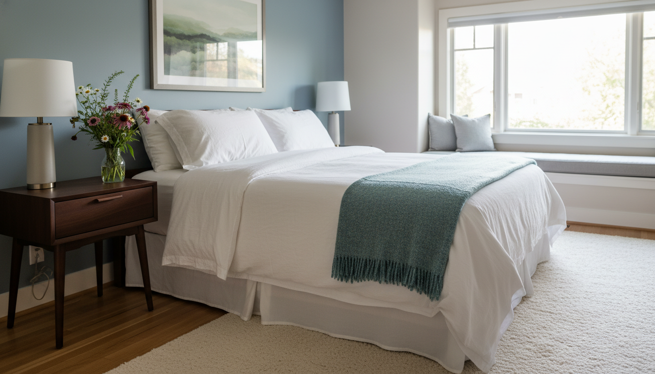 A bright, welcoming guest bedroom in a craftsman-style home with fresh white linens, a folded blanke