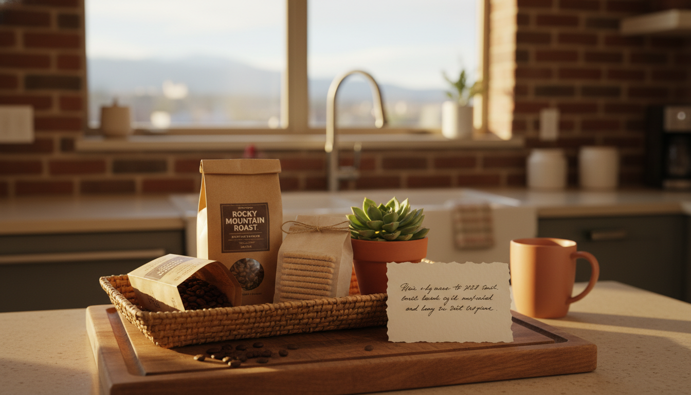 A kitchen counter with a thoughtful welcome basket containing local coffee, artisan crackers, a smal