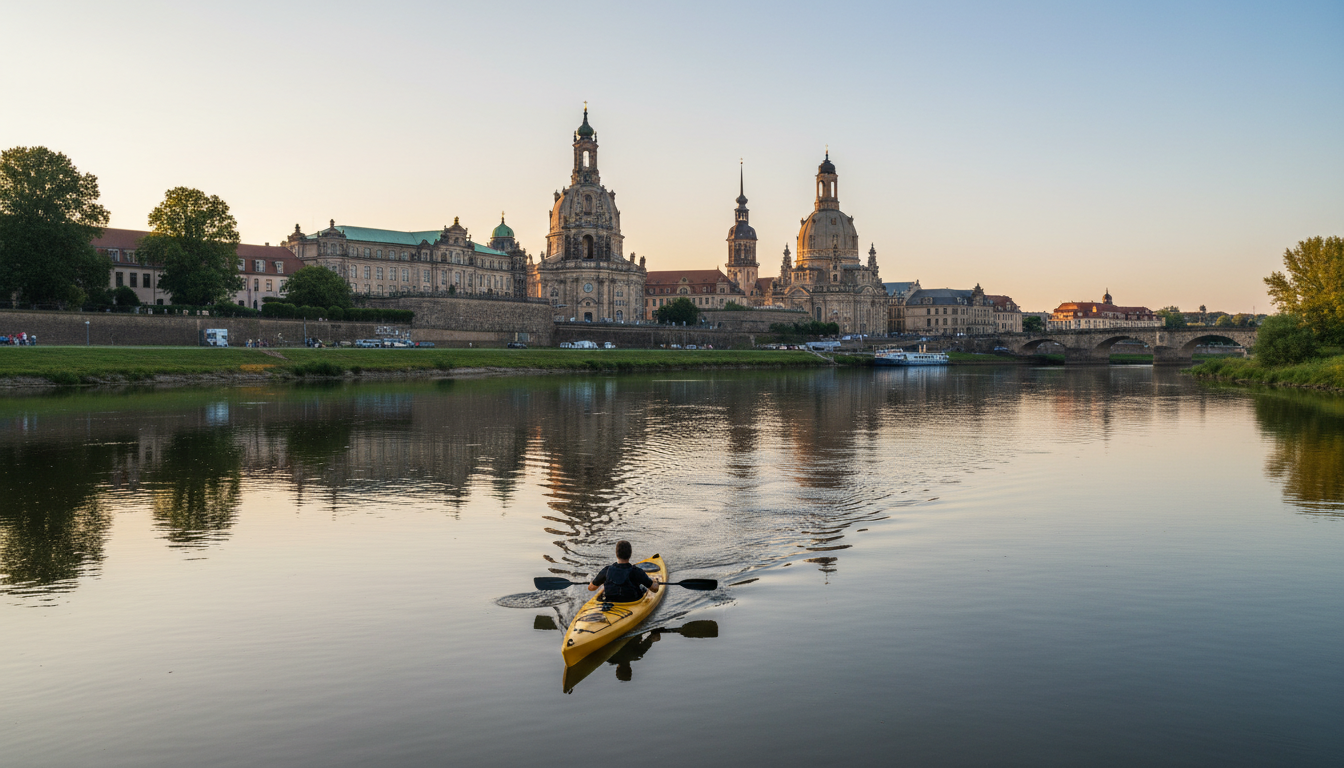 Golden hour view of Dresdens Altstadt skyline from the Elbe riverbank, with the Frauenkirche dome an