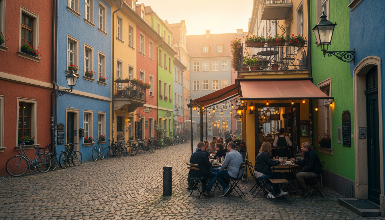 Cobblestone courtyard in Dresden Neustadt with colorful restored facades, bicycles leaning against w