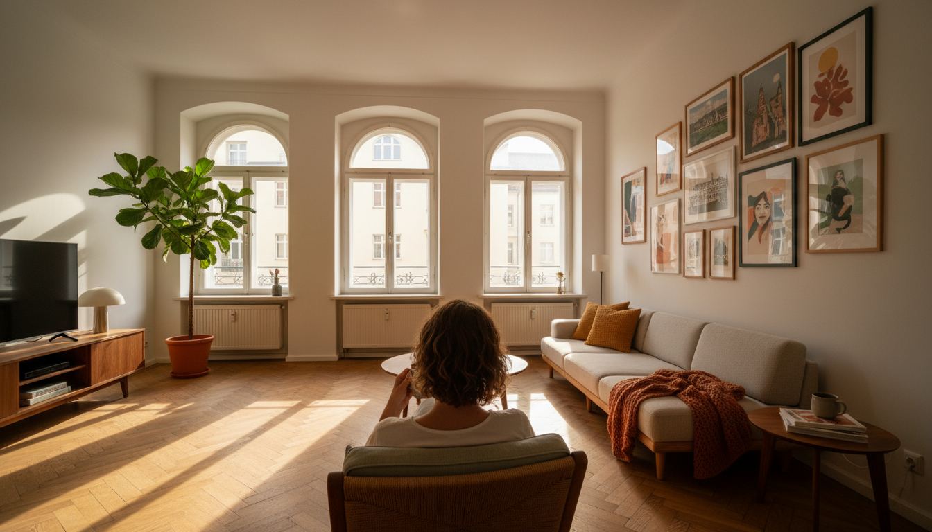 Interior of a bright Dresden apartment with tall windows, original wooden floors, mid-century modern