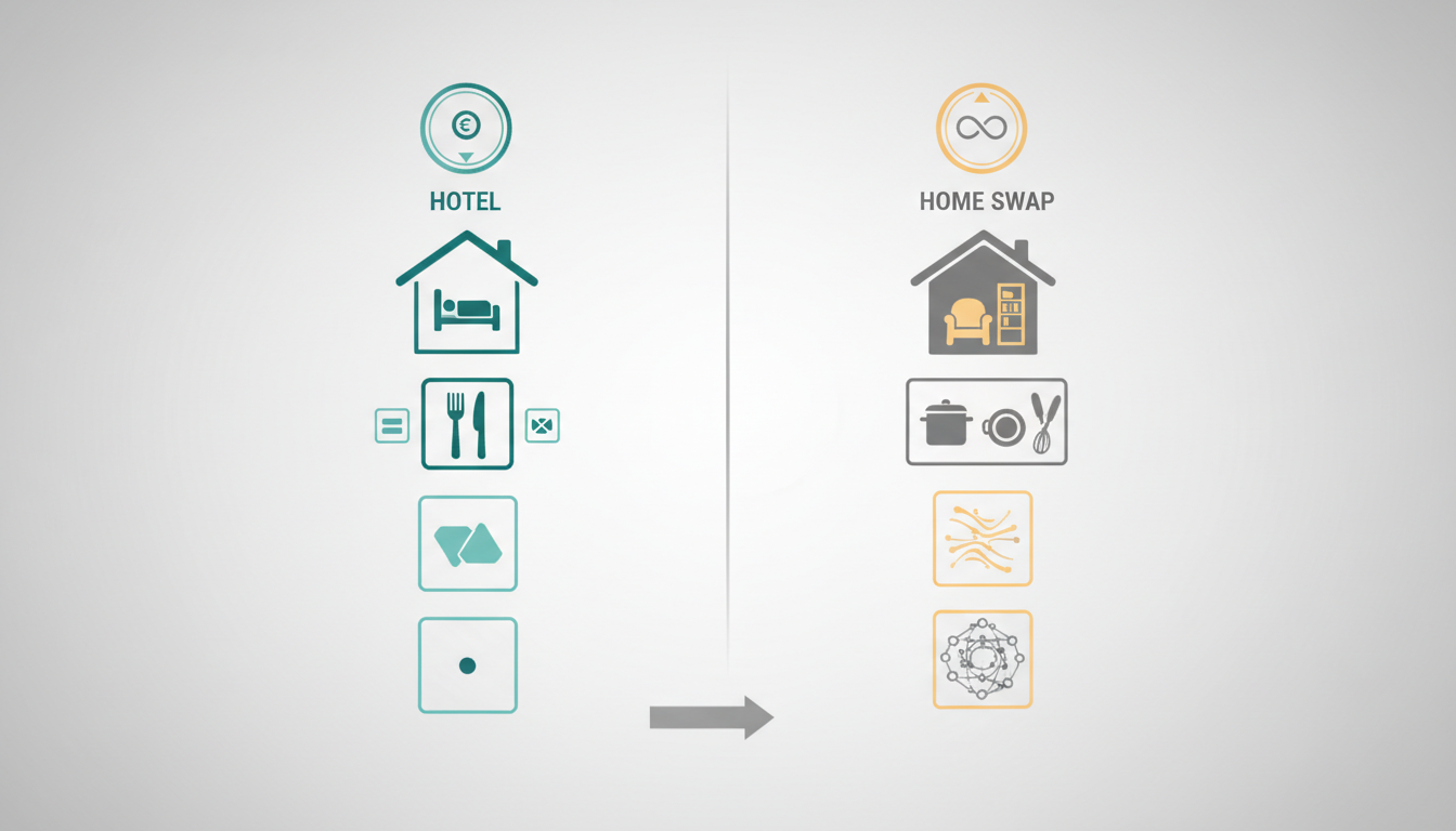 Split-screen style comparison showing hotel room costs in Dresden 150night vs home swap costs 1 cred
