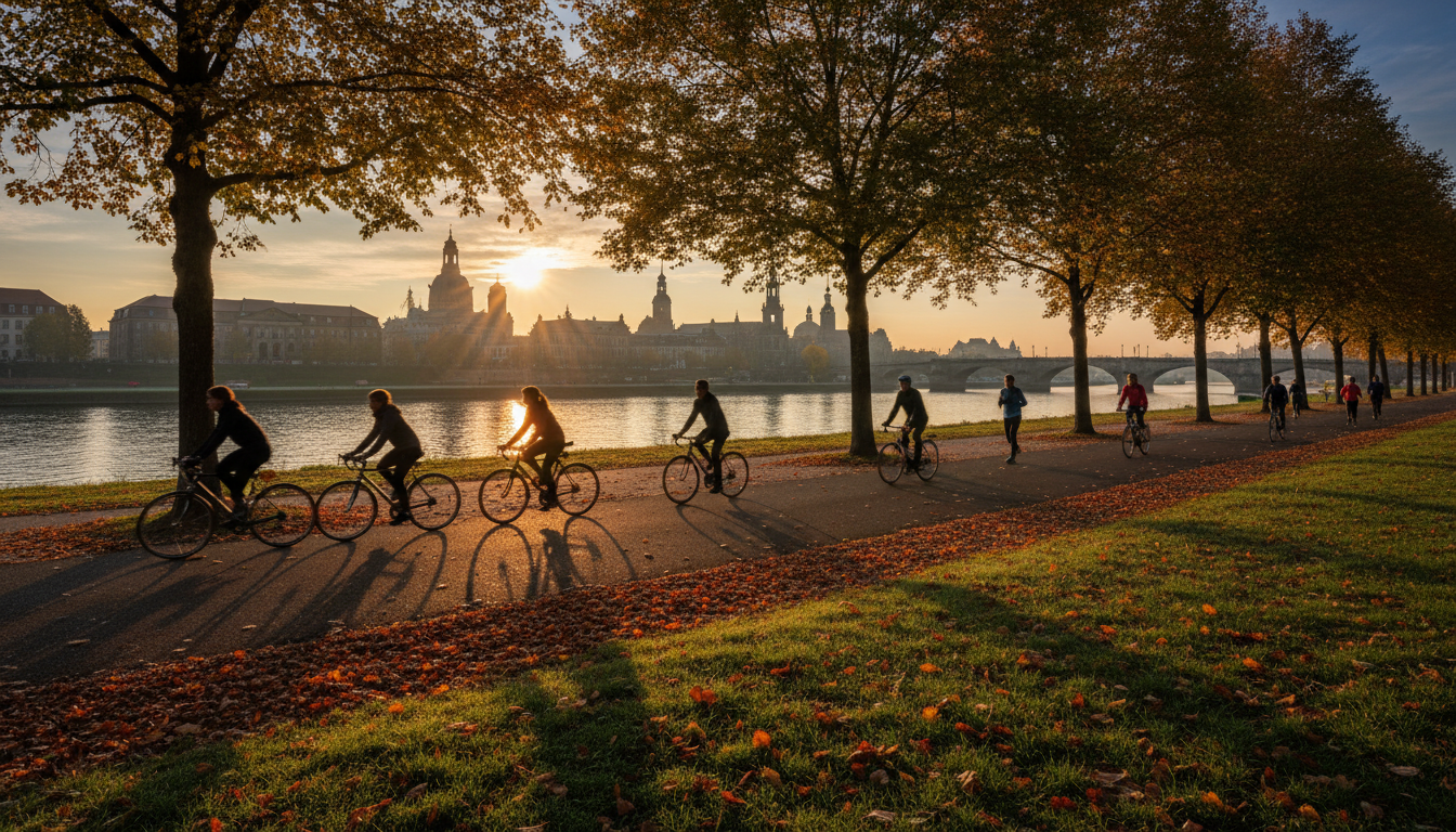 Morning joggers and cyclists on the Elbe riverside path in Dresden, with autumn leaves on the trees