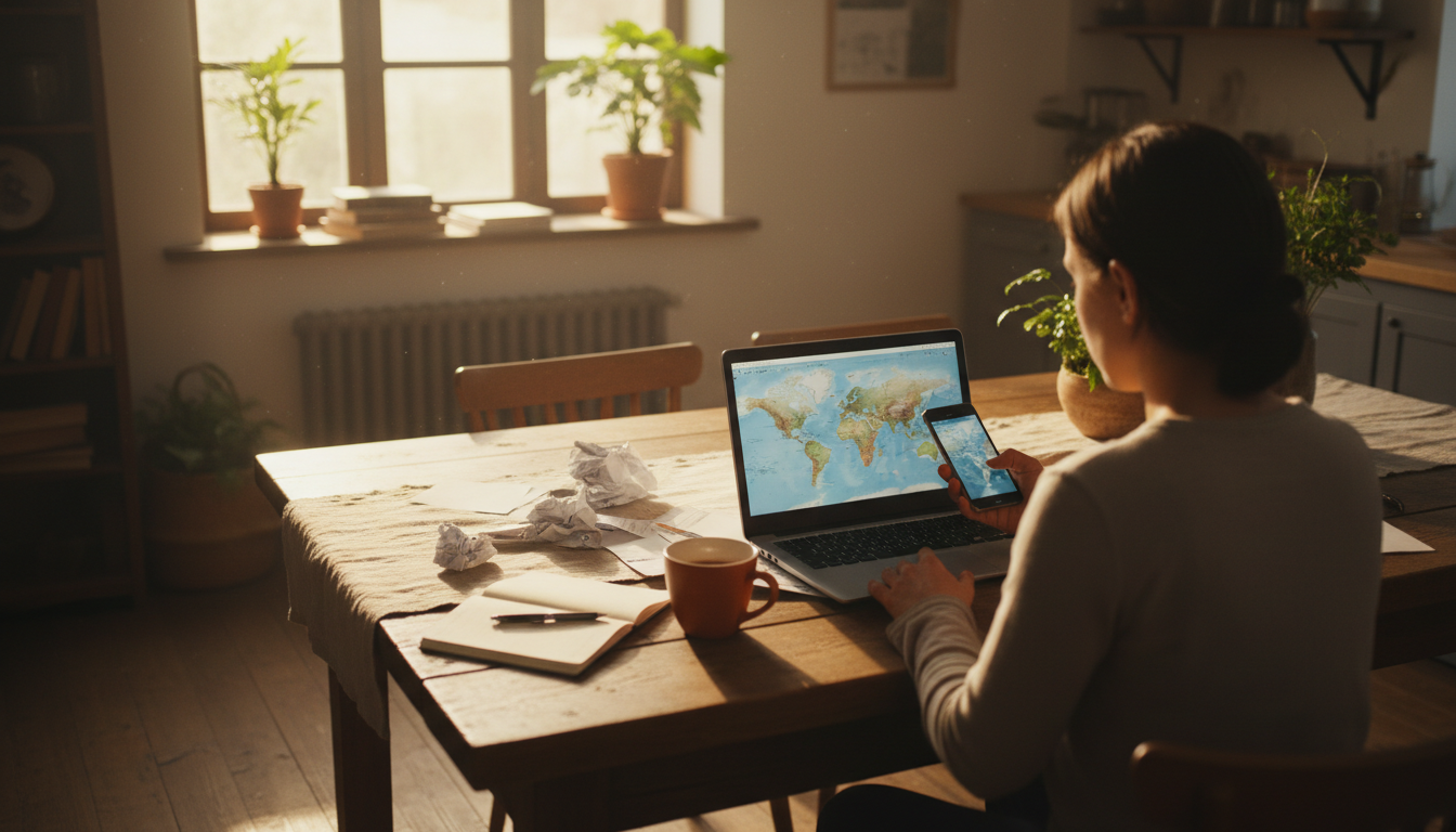 traveler sitting at kitchen table with laptop open, phone in hand, morning light streaming through w